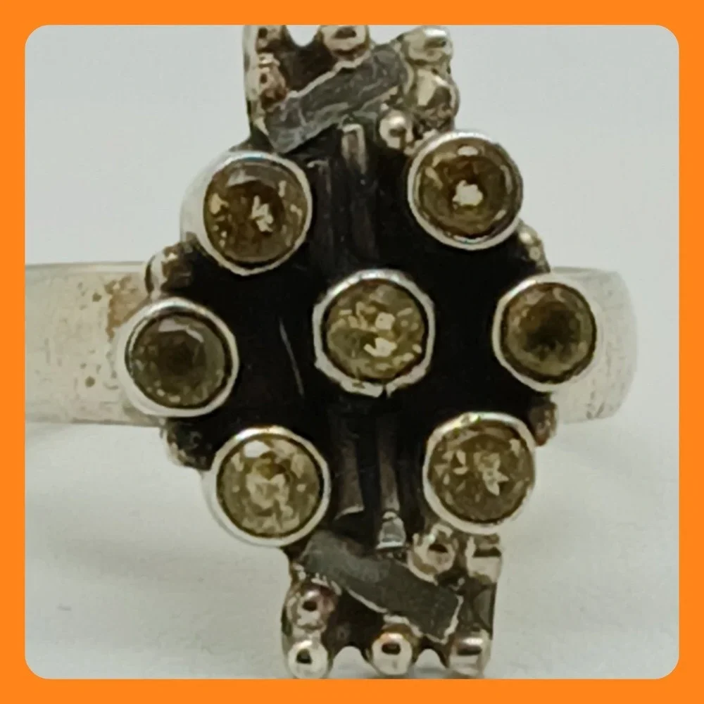 Artisan Crafted 925 Sterling Silver Citrine Cluster Ring Thailand 1990s Size 9.5